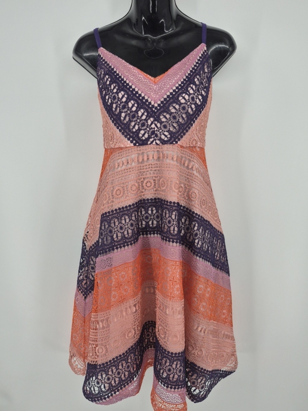 Anthropologie Maeve Summer Cottage Dress Lace Pink Purple Orange Size 4P Lined